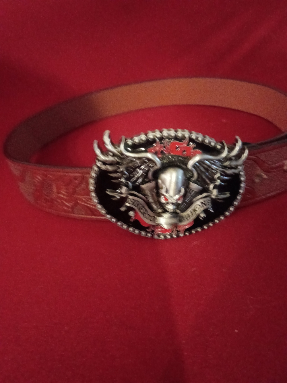 Men's Brown Leather Belt with Skull Buckle